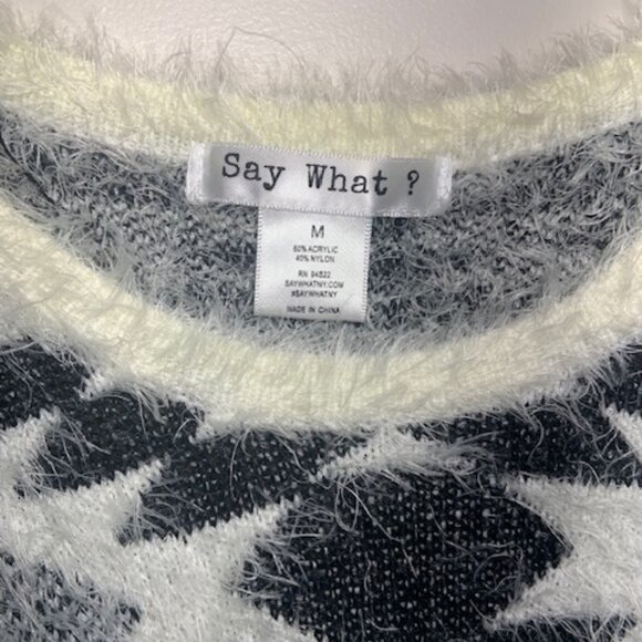 Say What Aztec Tribal Fuzzy Eyelash Knit Black White Pullover Sweater - Size M - Picture 6 of 8
